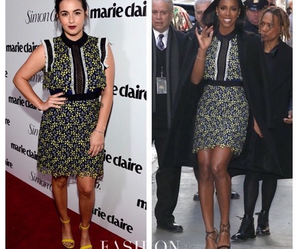 Who Wore It Better?: Alanna Masterson vs Kelly Rowland in Self-Portrait’s Yellow, Black and White Ruffle Trim Daisy Mesh Detail Sleeveless Dress