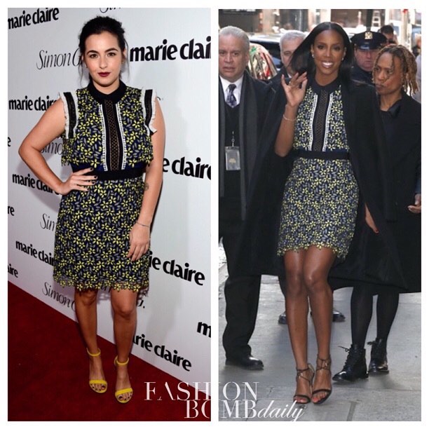 Who Wore It Better?: Alanna Masterson vs Kelly Rowland in Self-Portrait’s Yellow, Black and White Ruffle Trim Daisy Mesh Detail Sleeveless Dress
