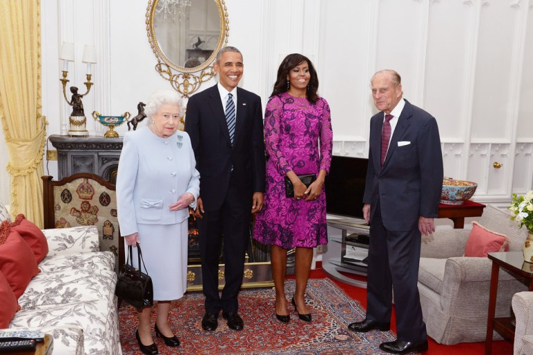 Splurge: First Lady Michelle Obama’s Windsor Castle Lunch Oscar de la Renta Floral Lace Appliqué Long Sleeved Dress
