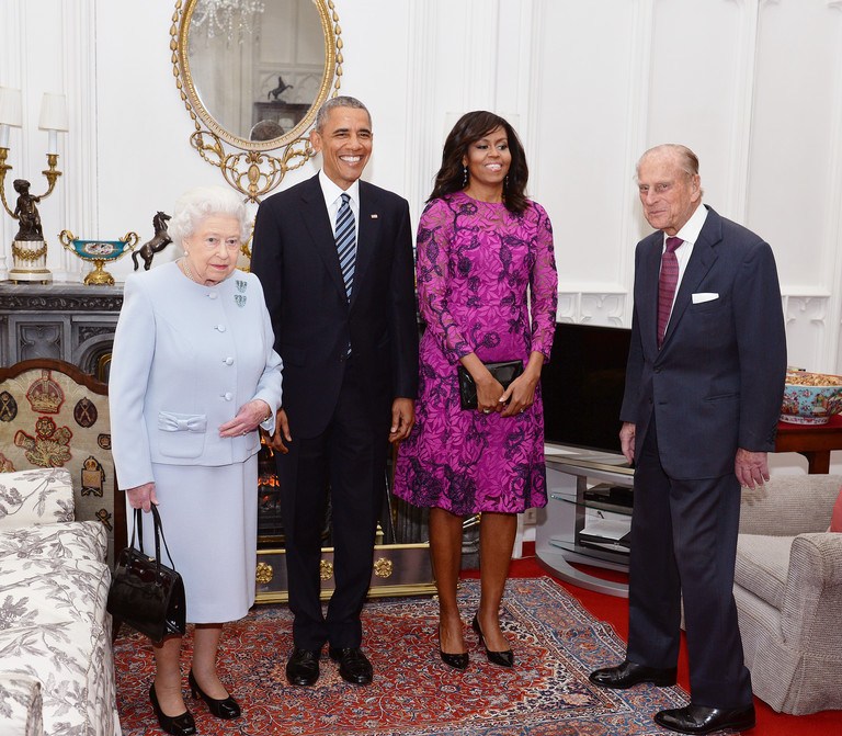 Splurge: First Lady Michelle Obama’s Windsor Castle Lunch Oscar de la Renta Floral Lace Appliqué Long Sleeved Dress