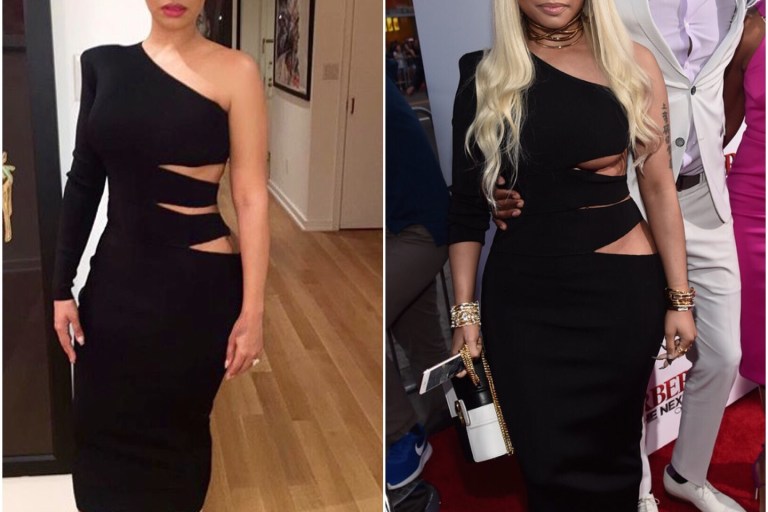 Who Wore It Better: Lala Anthony Vs. Nicki Minaj In Balmain’s Black One Shoulder Cut Out Side Midi Dress
