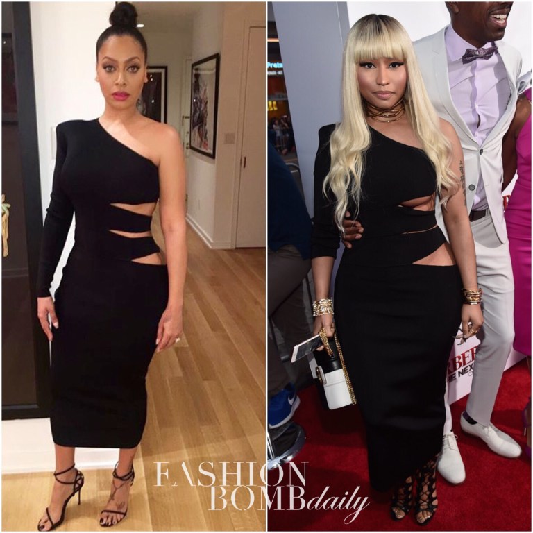 Who Wore It Better: Lala Anthony Vs. Nicki Minaj In Balmain’s Black One Shoulder Cut Out Side Midi Dress