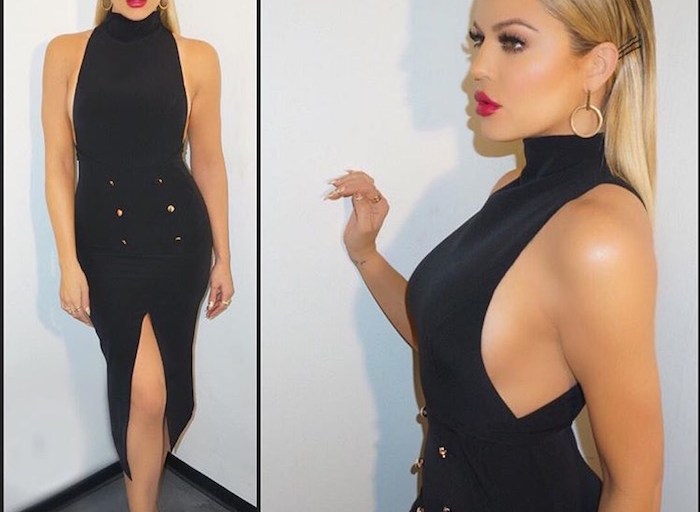 Splurge: Khloe Kardashian’s Instagram Shona Jay Navy Giselle Military High Neck Sleeveless Asymmetric Hem Gold Button Detail Midi Dress