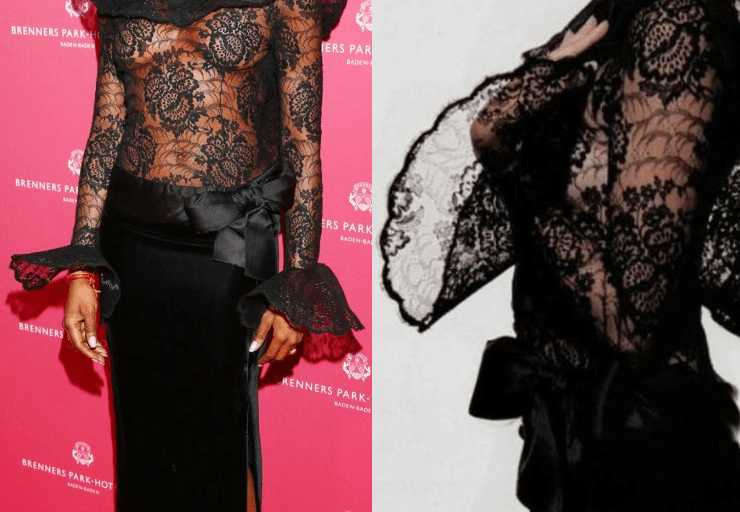 Hot! or Hmm… Naomi Campbell’s Gala Spa Awards 1989 Pierre Cardin Couture Black Ruffle Lace and Velvet Slit Gown