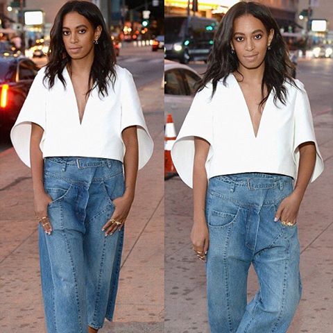 Hot! Or Hmm… Solange’s Teva 2016 Artist Series Collection Launch Event Spring 2016 Milly Cream Structured Crop Top, Rachel Comey Tolleson Belted Cropped Wide Wide Leg Denim Pants and Teva Original Universal White Sandals