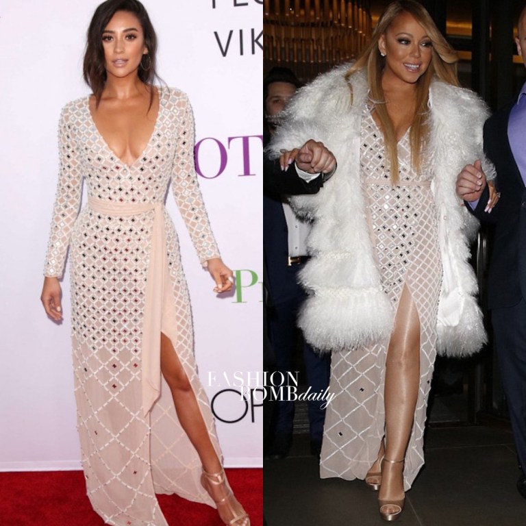 Who Wore it Better? Shay Mitchell vs. Mariah Carey in Temperley London’s Alika Deep V-Neck Wrap Effect Embellished Silk Chiffon Dress
