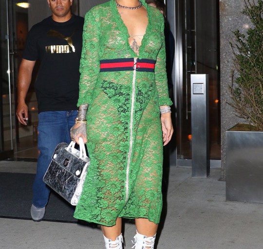 Splurge: Rihanna’s New York’s Gucci Spring 2016 Green Dress, Gucci ‘Finnlay’ Laced-Up Green Black and White Heels, and Christian Dior ‘Diorever’ Silver Tote Bag