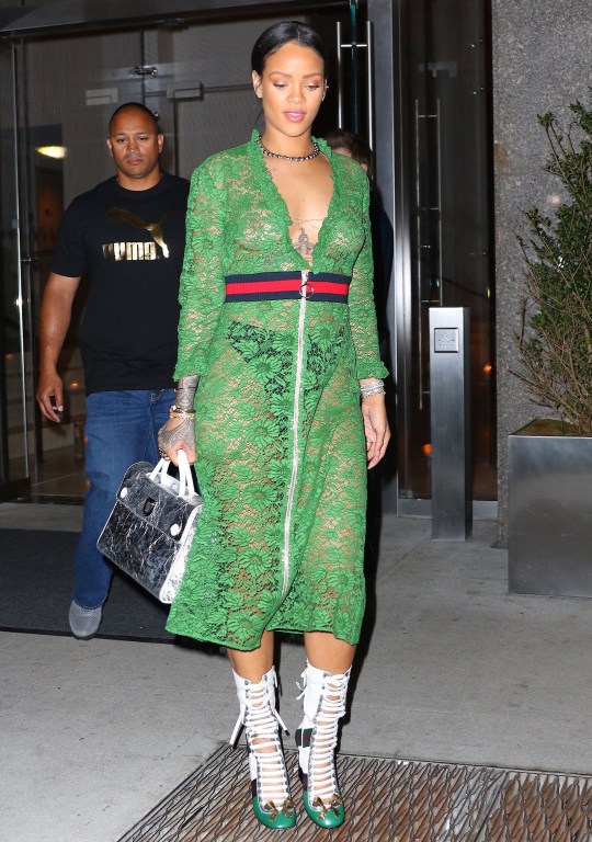 Splurge: Rihanna’s New York’s Gucci Spring 2016 Green Dress, Gucci ‘Finnlay’ Laced-Up Green Black and White Heels, and Christian Dior ‘Diorever’ Silver Tote Bag