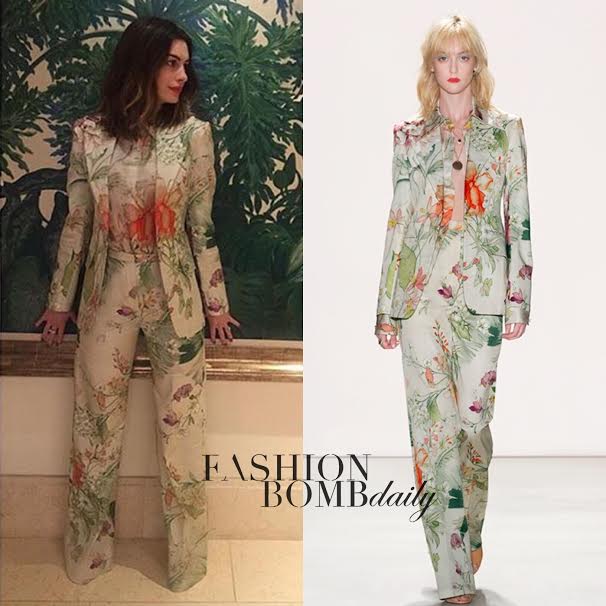 Hot or Hmm…: Anne Hathaway’s Disney Alice Promo Jenny Packham S/S 2016 Floral Blazer and Matching Pants