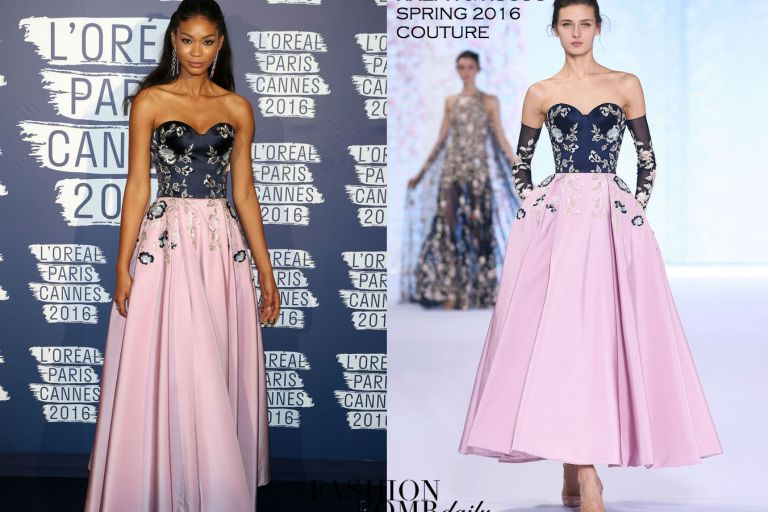 Hot! or Hmm… Chanel Iman’s L’Oreal Paris Blue Obsession Party Ralph & Russo Spring 2016 Couture Strapless Navy and Pink Floral Embroidered Gown