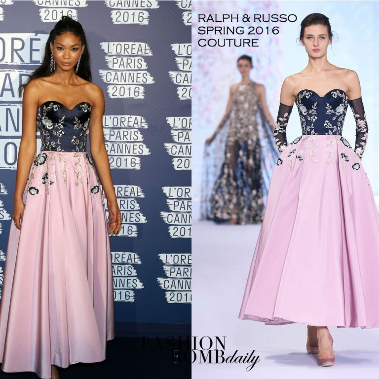 Hot! or Hmm… Chanel Iman’s L’Oreal Paris Blue Obsession Party Ralph & Russo Spring 2016 Couture Strapless Navy and Pink Floral Embroidered Gown