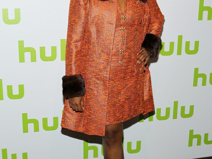 Hot! Or Hmm…: Mindy Kaling’s 2016 Hulu Upfront Event Custom Salvador Perez Orange and Gold Button Detail Mini Dress, Matching Faux Fur Trimmed Coat and Valentino Rockstud Slingback Pumps