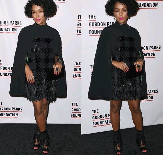 Hot! or Hmm: Janelle Monae’s Gordon Parks Foundation Awards’ Barbara Bui Black Caped Dress, Brian Atwood Black Fringe Heels and Naeem Khan Black Clutch