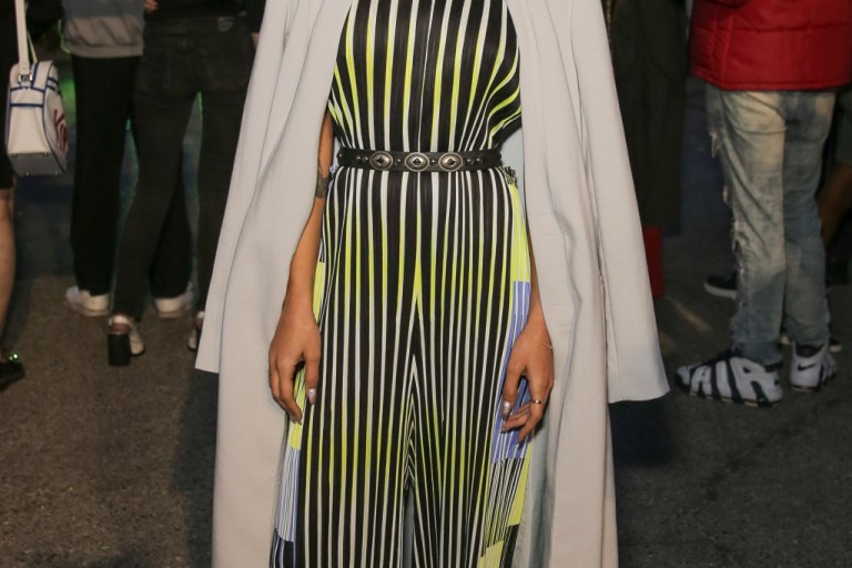 Hot! or Hmm: Jhene Aiko’s Opening Ceremony Spring Fiesta’s Issey Miyake x Opening Ceremony Black White Yellow & Blue stripe jumpsuit