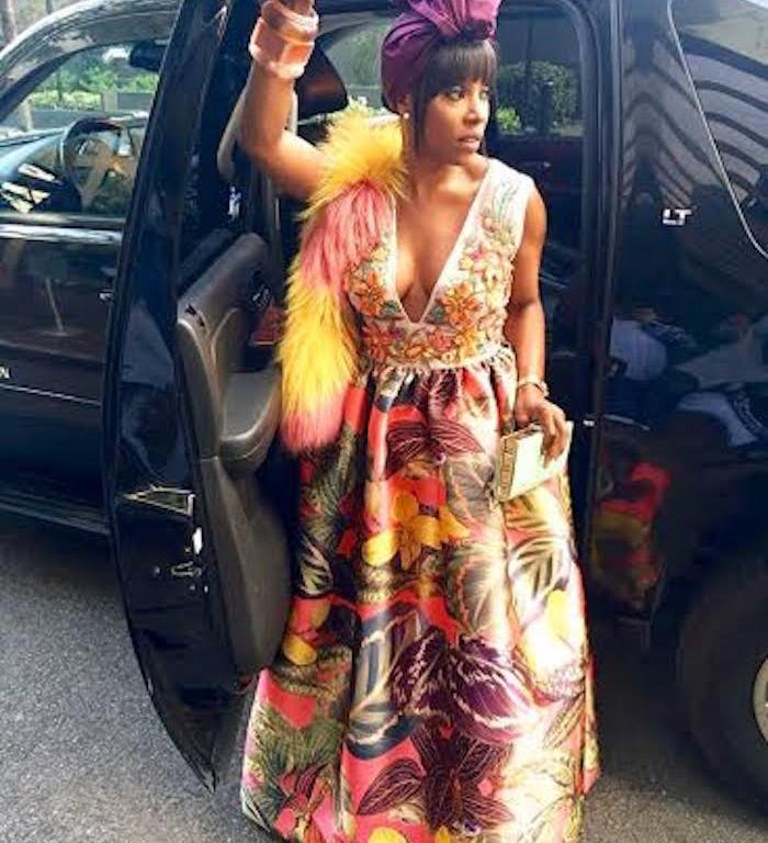 Hot! Or Hmm…: June Ambrose’s Instagram Dennis Basso Spring 2016 Floral Print Deep V-Neck Embellished Sleeveless Gown