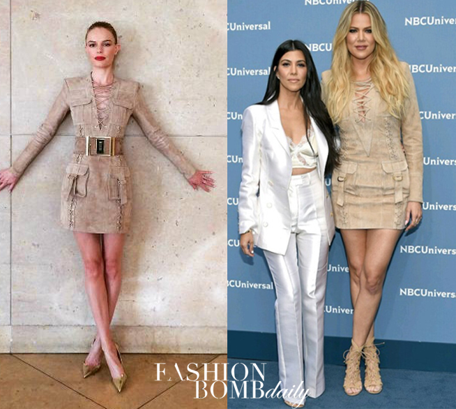 Who Wore it Better? Kate Bosworth vs. Khloe Kardashian in Balmain’s Resort 2016 Brown Suede Lace Up Dress