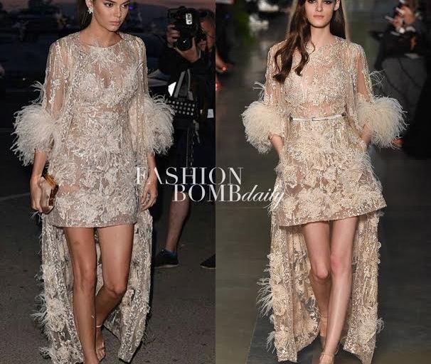 Hot or Hmm…: Kendall Jenner’s Chopard Cannes Event Elie Saab Spring 2015 Couture Cream Sheer Feather Sleeve Dress
