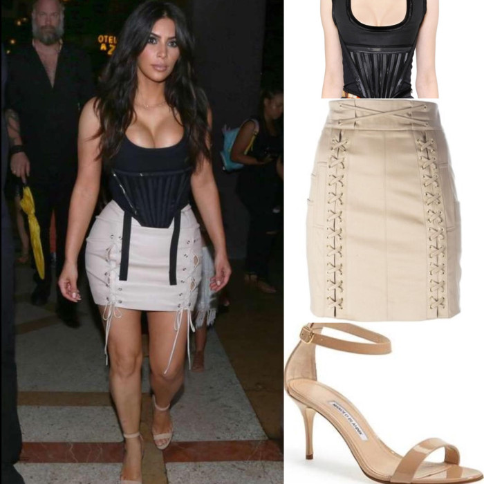 Splurge: Kim Kardashian’s Cuba Vacation Givenchy Black Wool Corset, Balmain Lace Fastening Mini Skirt and Manolo Blahnik Chaos Sandals