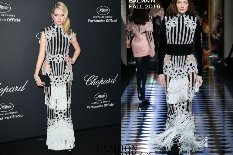 Hot! or Hmm… Lottie Moss’s Chopard Wild Party Balmain Fall 2016 Embellished Fringe Gown