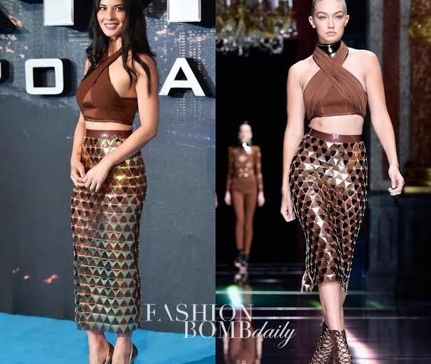 Hot or Hmm…: Olivia Munn’s Global Fan Screening <italics> X-Men Apocalypse </italics> Balmain Spring 2016 Brown Halterneck Top and Gold-Plated Midi Skirt