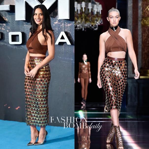 Hot or Hmm…: Olivia Munn’s Global Fan Screening <italics> X-Men Apocalypse </italics> Balmain Spring 2016 Brown Halterneck Top and Gold-Plated Midi Skirt