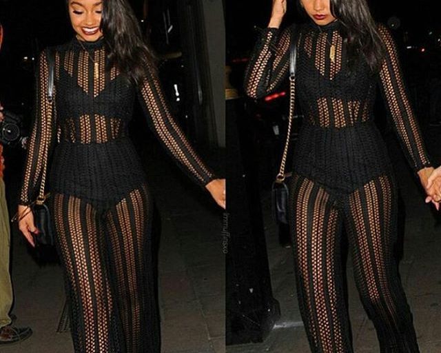 Steal: Leigh-Anne Pinnock’s Instagram Missguided Ladder Mesh High Neck Sheer Black Jumpsuit