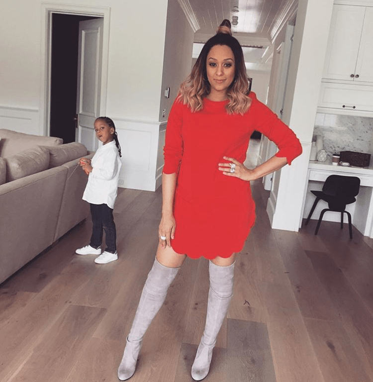 Tia Mowry’s <em> Angry Birds </em> Westwood Premiere Andrea Lieberman Collection Red Dress and Grey Stuart Weitzman Heels