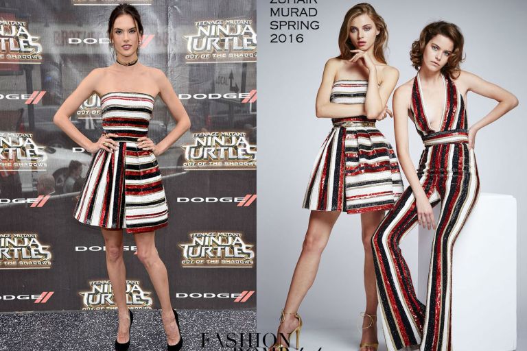 Hot! or Hmm… Alessandra Ambrosio’s <em>Teenage Mutant Ninja Turtles: Out Of The Shadows</em> New York City Premiere Zuhair Murad Spring 2016 Strapless Stripe Sequin Dress
