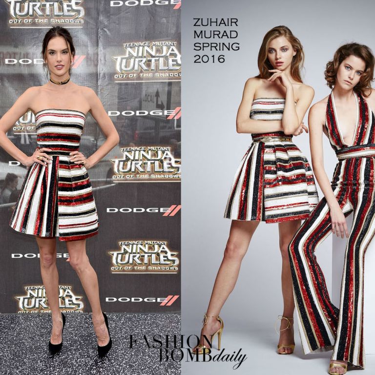 Hot! or Hmm… Alessandra Ambrosio’s <em>Teenage Mutant Ninja Turtles: Out Of The Shadows</em> New York City Premiere Zuhair Murad Spring 2016 Strapless Stripe Sequin Dress