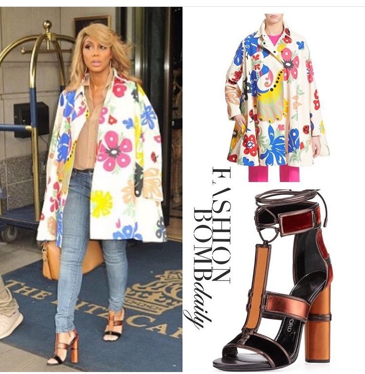 Splurge: Tamar Braxton’s Victoria Beckham Floral Coat and Tom Ford Patchwork Metallic Sandals