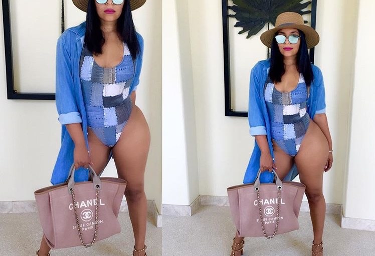 Splurge: Eudoxie Bridge’s Instagram Norma Kamali Denim Effect Patch Printed High Cut Scoop Back Swimsuit