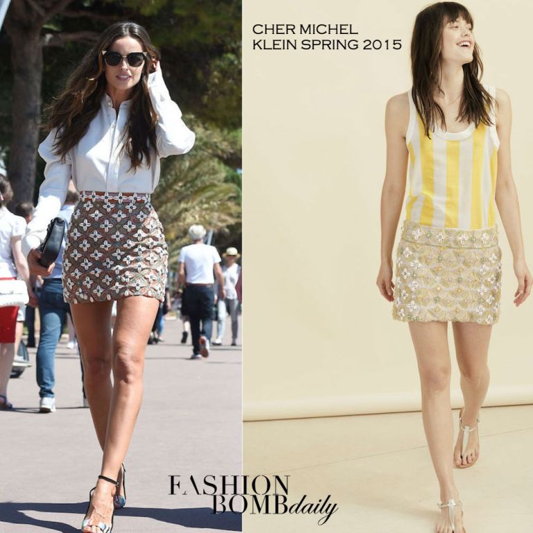 Hot! or Hmm… Izabel Goulart’s Cannes Cher Michel Klein White Button Front Shirt, Spring 2015 Shell Embroidered Mini Skirt, and Pierre Hardy Colorful Vibrations Sandals