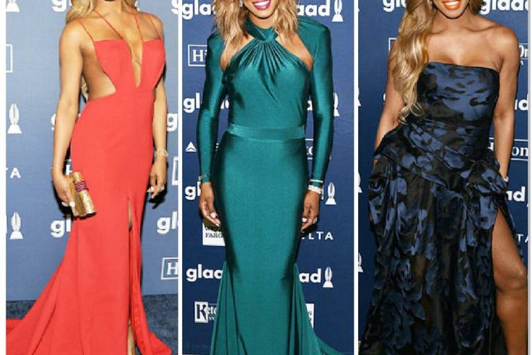Hot! or Hmm… Laverne Cox’s 2016 GLAAD Media Awards Mikael D Red Cutout Slit Gown, Michael Costello Green Long Sleeve Cutout Gown, Rubin Singer Strapless Printed Gown, and Forevermark Jewelry