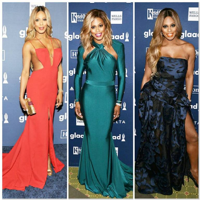 Hot! or Hmm… Laverne Cox’s 2016 GLAAD Media Awards Mikael D Red Cutout Slit Gown, Michael Costello Green Long Sleeve Cutout Gown, Rubin Singer Strapless Printed Gown, and Forevermark Jewelry