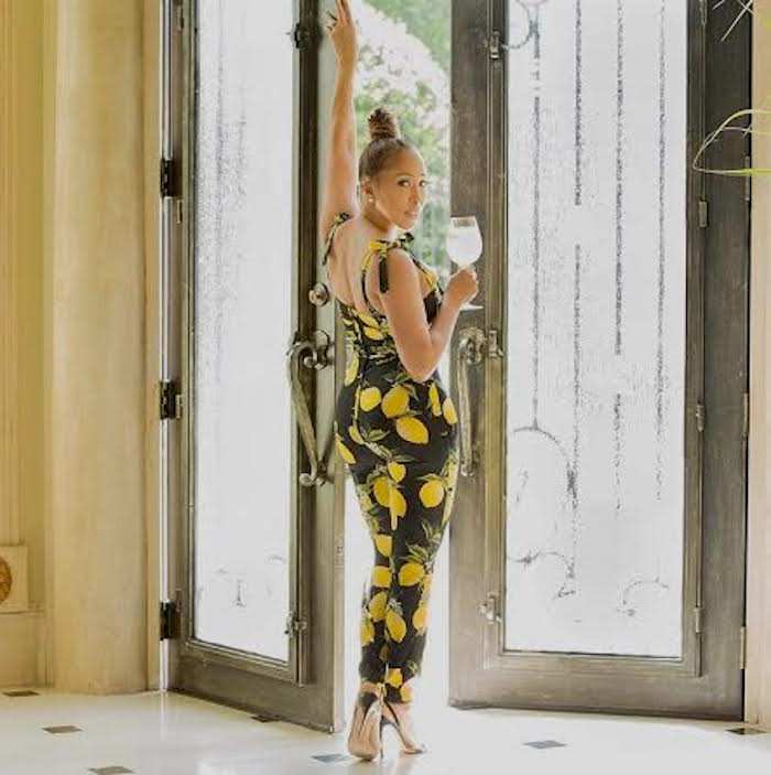 Splurge: Marjorie Harvey’s Instagram Dolce & Gabbana Lemon Print Square Neck Shoulder Strap Slim Fit Jumpsuit