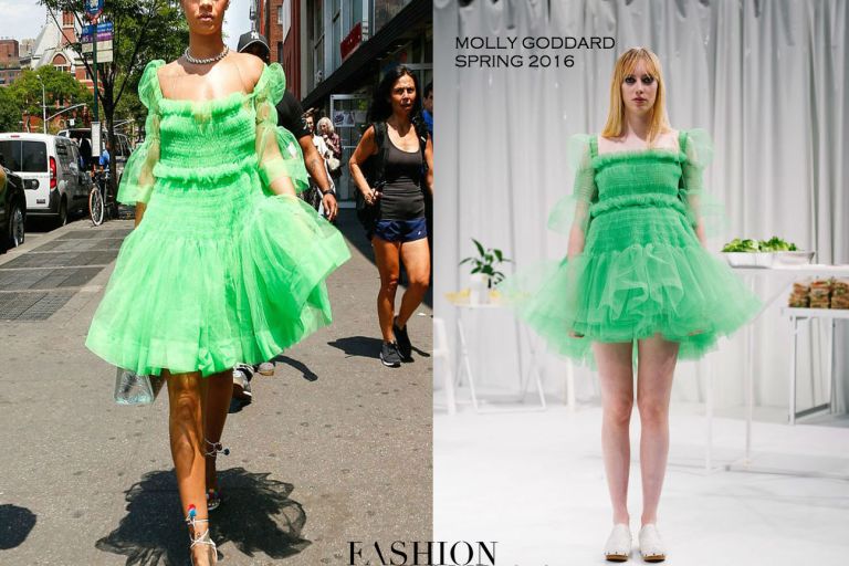 Hot! or Hmm… Rihanna’s New York City Molly Goddard Spring 2016 Green Smocked Dress and Aquazzura Multicolor Pom Pom Sandals