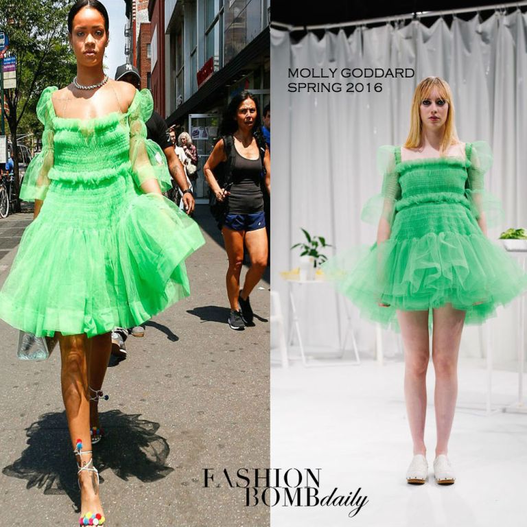 Hot! or Hmm… Rihanna’s New York City Molly Goddard Spring 2016 Green Smocked Dress and Aquazzura Multicolor Pom Pom Sandals