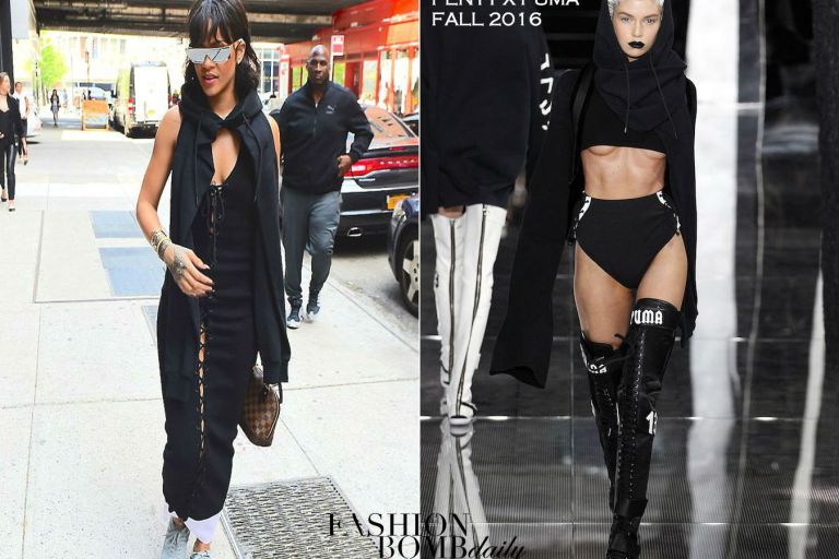 Hot! or Hmm… Rihanna’s New York City Dior Silver Shield Sunglasses, FENTY x PUMA Fall 2016 Black Long Sleeve Hoodie, Black Lace Up Contrast Trim Dress, and PUMA Aril Sneakers