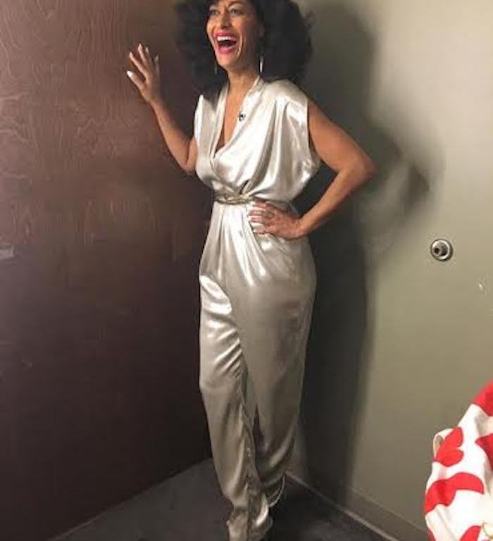 Splurge: Tracee Ellis Ross’s Instagram Zero + Maria Cornejo Silver Metallic Foil Effect Draped Cap Sleeve Jumpsuit