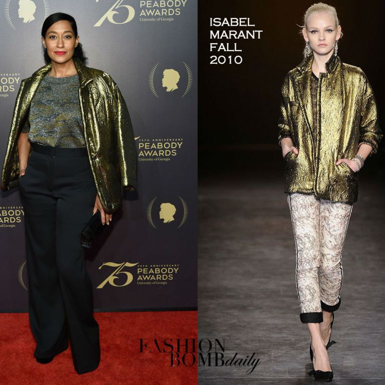 Splurge: Tracee Ellis Ross’s 75th Annual Peabody Awards Isabel Marant Fall 2010 Gold Brocade Jacket and Green Watson Woodland Crop Top