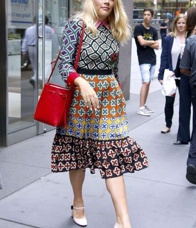 Splurge: Busy Philipp’s New York City Gucci Appliquéd Printed Silk Dress, Nicholas Kirkwood Mary Jane Pumps, and Mansur Gavriel Red Mini Bucket Shoulder Bag