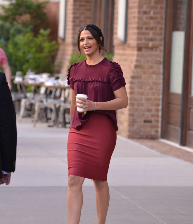 Splurge: Camila Alves’s New York City Ulla Johnson Isle Ruffle Silk Top, Roland Mouret Arreton Wool Crepe Pencil Skirt, and Tamara Mellon Frontline Sandals