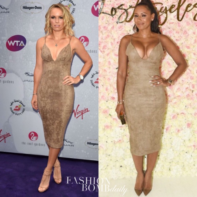 Who Wore It Better? Caroline Wozniacki vs. Melanie Brown in House of CB’s Vani Taupe Stretch Suedette Bralette Dress