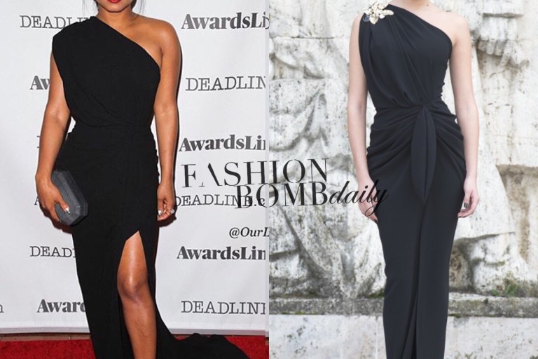 Splurge: Christina Milian’s Deadline Event Rhea Costa Black Crepe One Shoulder Dress