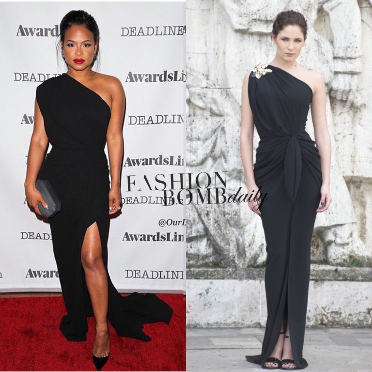 Splurge: Christina Milian’s Deadline Event Rhea Costa Black Crepe One Shoulder Dress