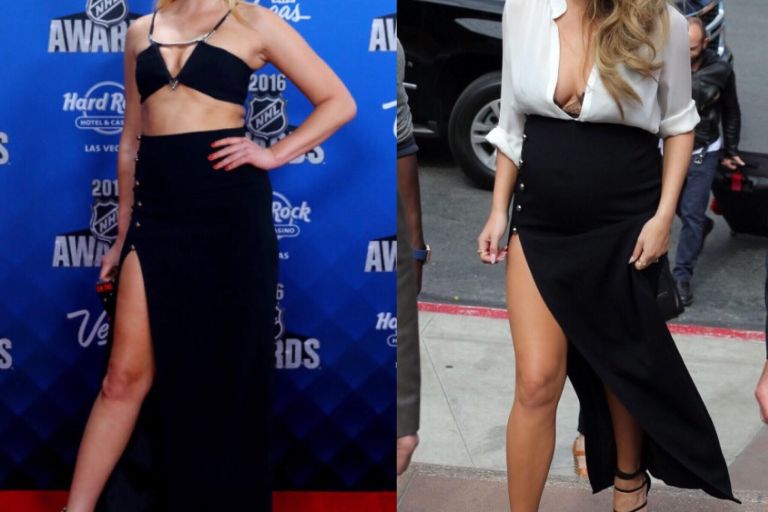 Who Wore It Better? Erin Heatherton vs. Chrissy Teigen in Mugler’s Black Split Stretch Cady Maxi Skirt