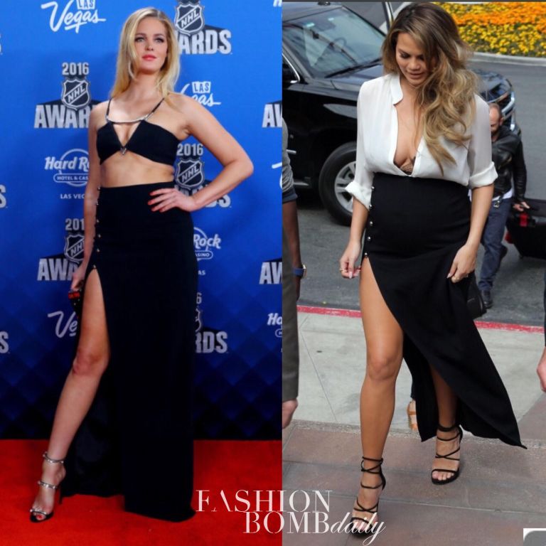 Who Wore It Better? Erin Heatherton vs. Chrissy Teigen in Mugler’s Black Split Stretch Cady Maxi Skirt
