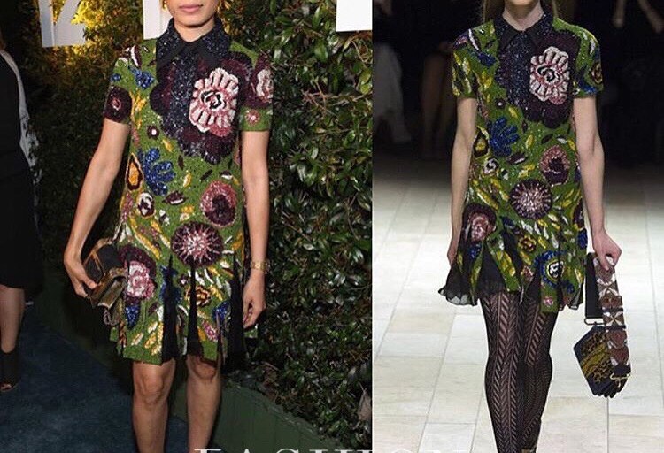 Hot! or Hmm: Freida Pinto’s E Kick-Off Party’s Burberry Fall 16 Green Brocade Dress