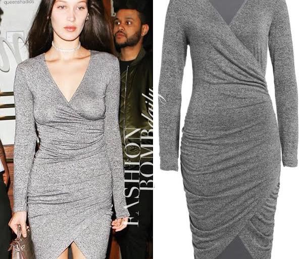 Hot or Hmm…: Bella Hadid Los Angeles Bardot Harlow Grey Wrap Dress