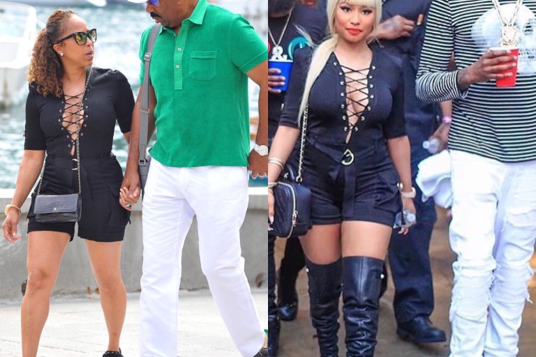 Who Wore It Better? Marjorie Harvey vs. Nicki Minaj in Balmain Resort 2016 Black Plunging Lace Up Neckline Belted Playsuit